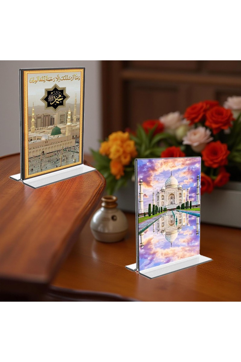 Taj Mahal & Mecca Madina Acrylic T-Style Photo Stand, Compact and Stylish Spiritual Display, easily change 2 photos (Pack of 1)