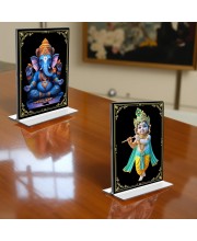 Sri Ganesh & Sri Krishna Acrylic T-Style Photo Stand - 11x13 Inches, Compact and Stylish Spiritual Display, easily change 2 photos (Pack of 1)