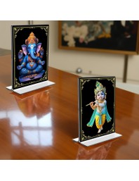 Sri Ganesh & Sri Krishna Acrylic T-Style Photo Stand, Compact and Stylish Spiritual Display, easily change 2 photos (Pack of 1)