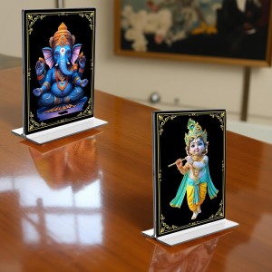 Sri Ganesh & Sri Krishna Acrylic T-Style Photo Stand, Compact and Stylish Spiritual Display, easily change 2 photos (Pack of 1)