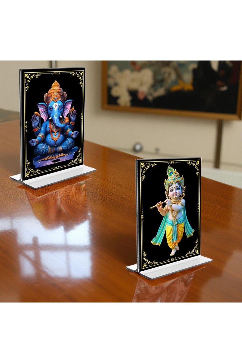 Sri Ganesh & Sri Krishna Acrylic T-Style Photo Stand, Compact and Stylish Spiritual Display, easily change 2 photos (Pack of 1)