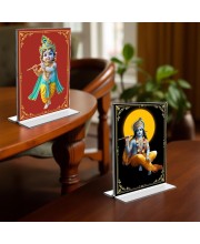 Lord Krishna Acrylic T-Style Photo Stand - 11x13 Inches, Compact and Stylish Spiritual Display, easily change 2 photos (Pack of 1)
