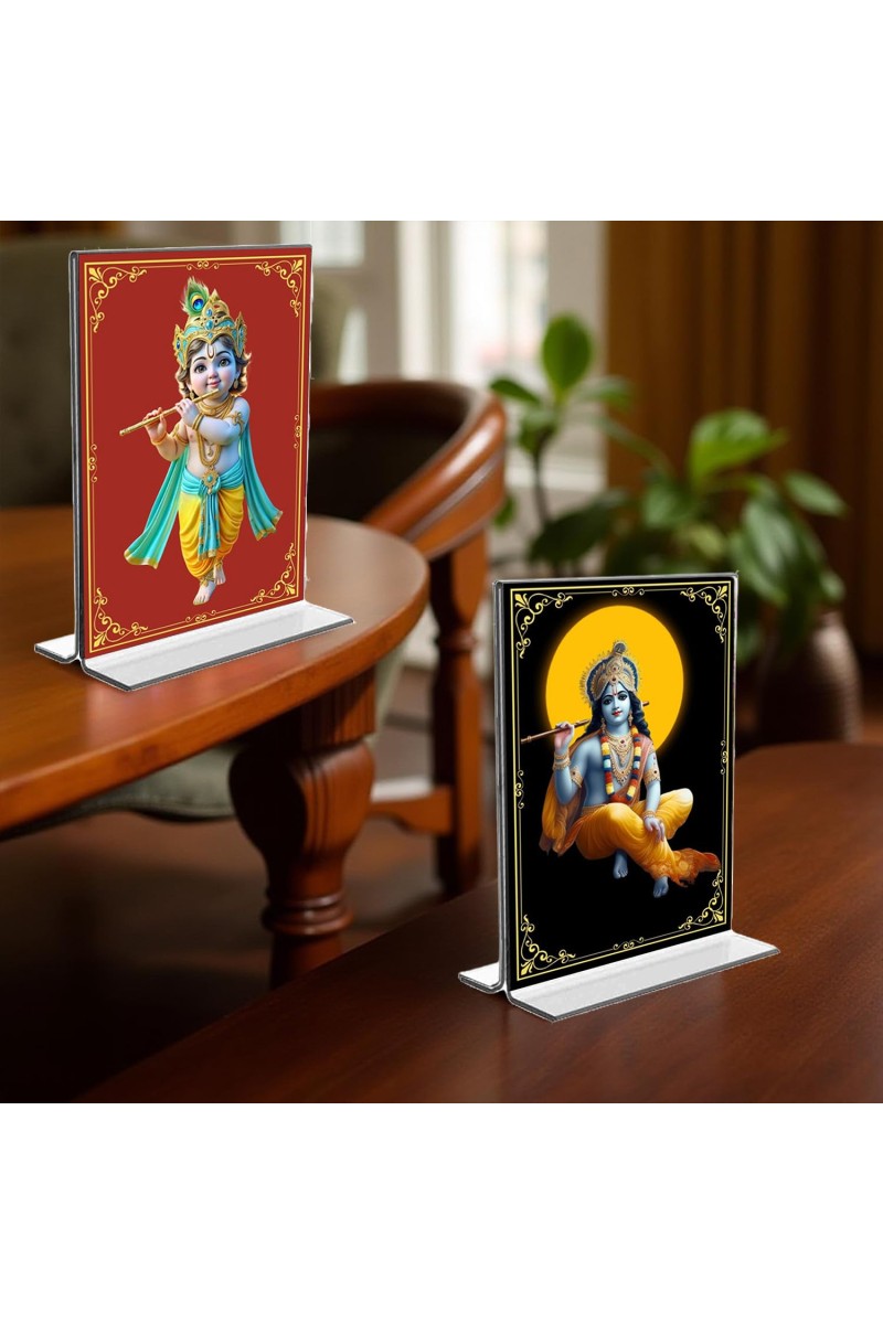 Lord Krishna Acrylic T-Style Photo Stand, Compact and Stylish Spiritual Display, easily change 2 photos (Pack of 1)