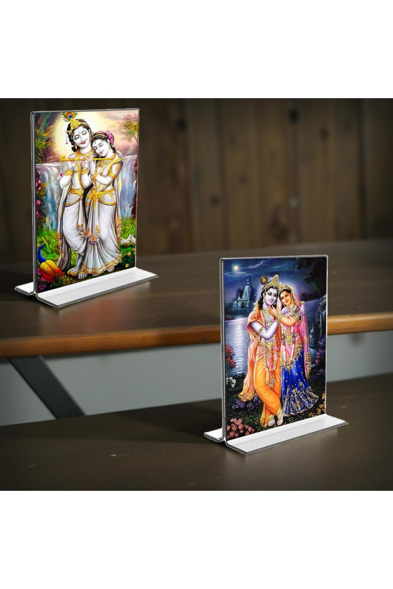 Sri Radha Sri Krishna Acrylic T-Style Photo Stand, Compact and Stylish Spiritual Display, easily change 2 photos (Pack of 1)