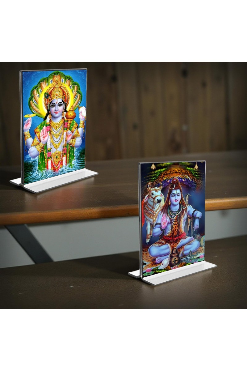 Lord Narayan & Lord Shiva Acrylic T-Style Photo Stand - 9x11 Inches, Compact and Stylish Spiritual Display, easily change 2 photos (Pack of 1)