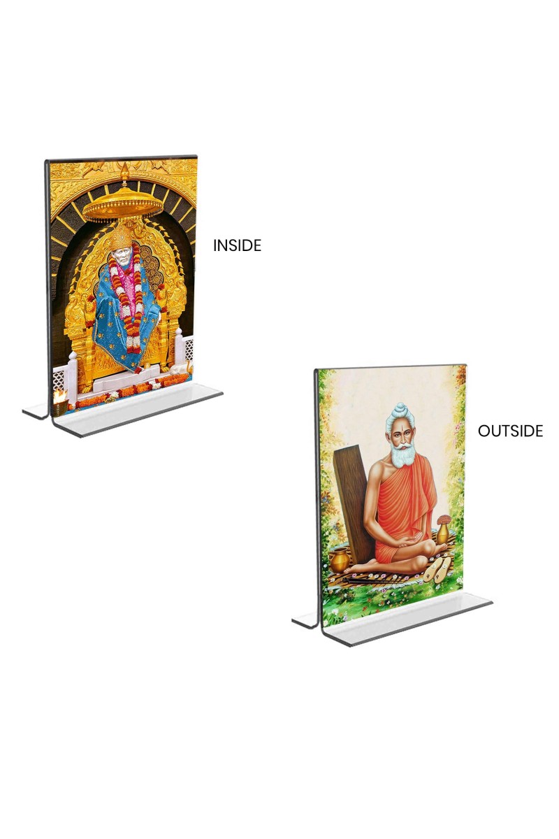 Car Desk/Table Top Sai Baba & Lokenath Baba Acrylic T-Style Photo Stand - 2.5x3.5 Inches, Compact and Stylish Spiritual Display, easily change 2 photos (Pack of 1)