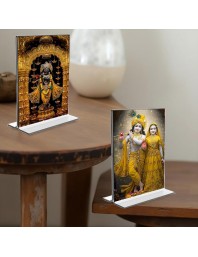 Sri Radha Krishna & Sri Krishna Acrylic T-Style Photo Stand, Compact and Stylish Spiritual Display, easily change 2 photos (Pack of 1)