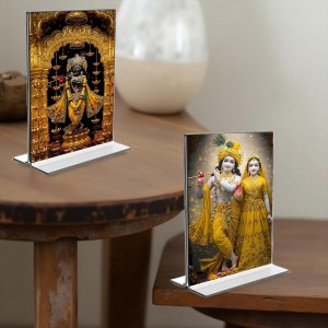 Sri Radha Krishna & Sri Krishna Acrylic T-Style Photo Stand, Compact and Stylish Spiritual Display, easily change 2 photos (Pack of 1)