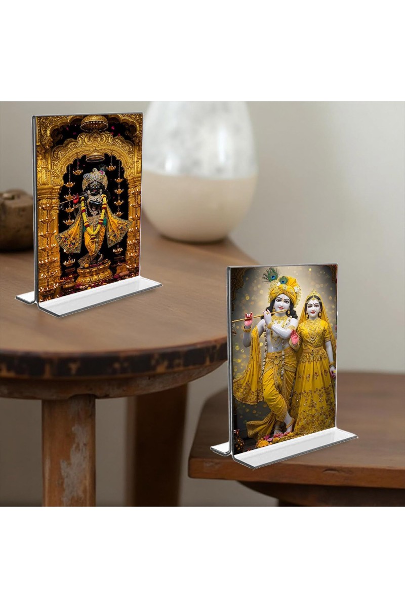 Sri Radha Krishna & Sri Krishna Acrylic T-Style Photo Stand, Compact and Stylish Spiritual Display, easily change 2 photos (Pack of 1)
