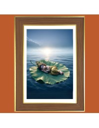 Baby Krishna Sleeping on a Leaf Photo Frame - 10x14 Inches, Brown Wooden Frame for Home, Office & Temple Decoration
