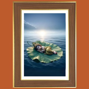 Baby Krishna Sleeping on a Leaf Photo Frame - 10x14 Inches, Brown Wooden Frame for Home, Office & Temple Decoration