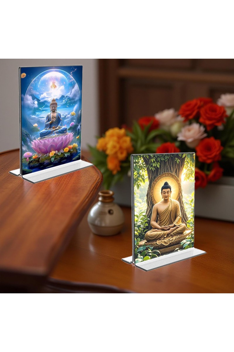 Buddha Acrylic T-Style Photo Stand - 5x7 Inches, Compact and Stylish Spiritual Display, easily change 2 photos (Pack of 1)