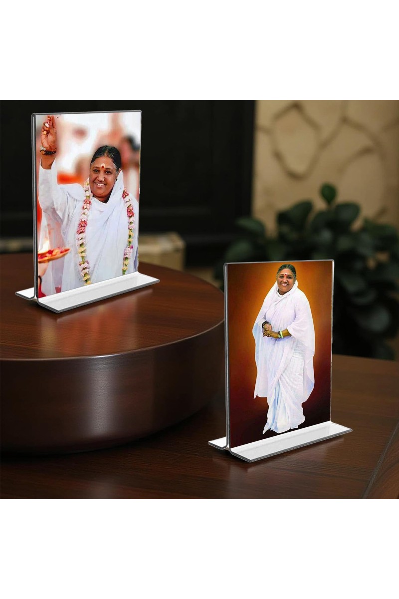 Debi AMRITANANDAMAYI Acrylic T-Style Photo Stand, Compact and Stylish Spiritual Display, easily change 2 photos (Pack of 1)
