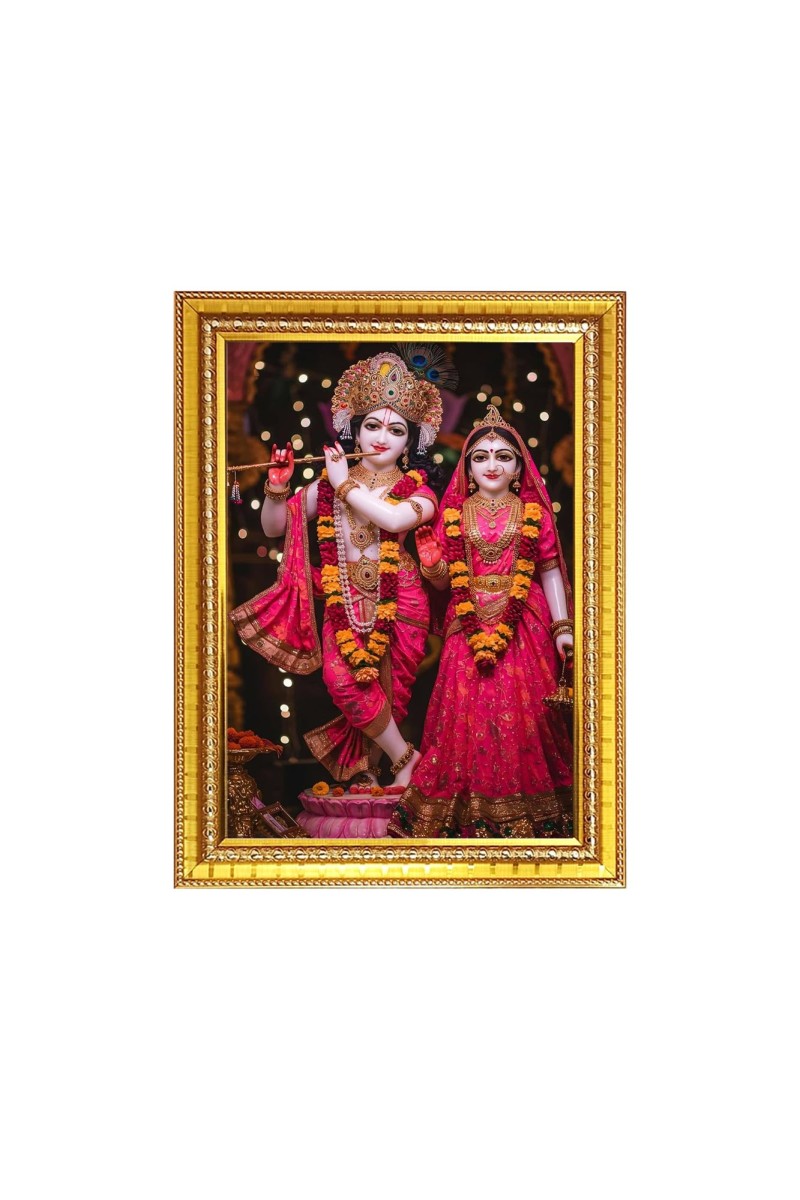 Maa Radha with Sri Krishna Photo Frame - 10x14 Inches, Brown Wooden Frame for Home, Office & Temple Decoration
