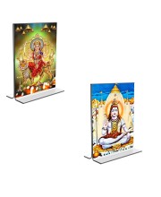 Car Desk/Table Top Lord Shiva & Lord Durga Acrylic T-Style Photo Stand - 2.5x3.5 Inches, Compact and Stylish Spiritual Display, easily change 2 photos (Pack of 1)