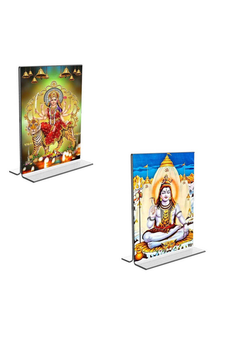 Car Desk/Table Top Lord Shiva & Lord Durga Acrylic T-Style Photo Stand - 2.5x3.5 Inches, Compact and Stylish Spiritual Display, easily change 2 photos (Pack of 1)