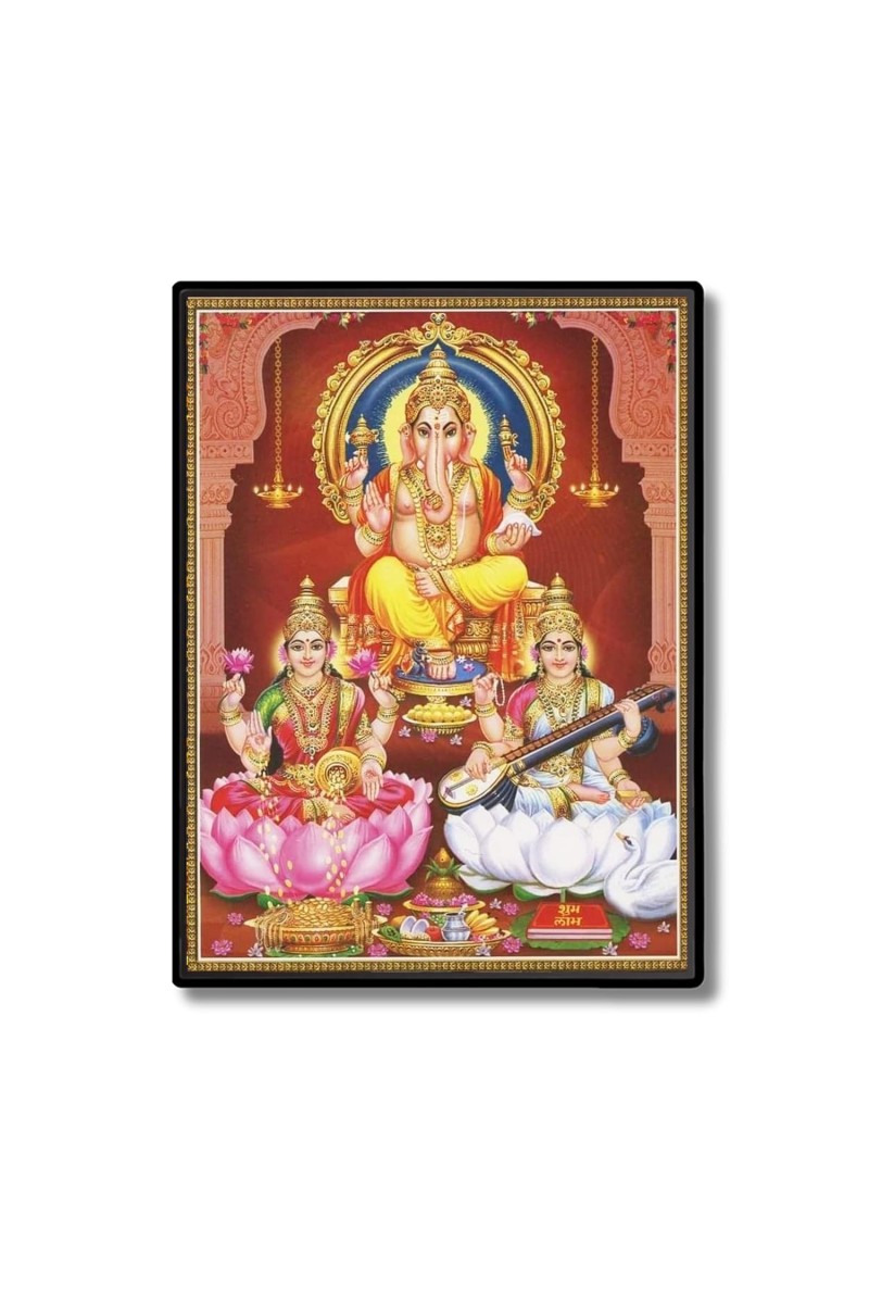 Lakshmi Saraswati & Ganesh Laminated Photo - 7x9 Inches, Divine Blessings for Home & Office and Temple Decoration
