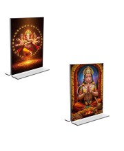 Car Desk/Table Top Lord Ganesh & Sri Hanuman Acrylic T-Style Photo Stand - 2.5x3.5 Inches, Compact and Stylish Spiritual Display, easily change 2 photos (Pack of 1)