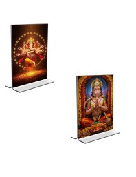 Car Desk/Table Top Lord Ganesh & Sri Hanuman Acrylic T-Style Photo Stand - 2.5x3.5 Inches, Compact and Stylish Spiritual Display, easily change 2 photos (Pack of 1)