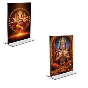 Car Desk/Table Top Lord Ganesh & Sri Hanuman Acrylic T-Style Photo Stand - 2.5x3.5 Inches, Compact and Stylish Spiritual Display, easily change 2 photos (Pack of 1)