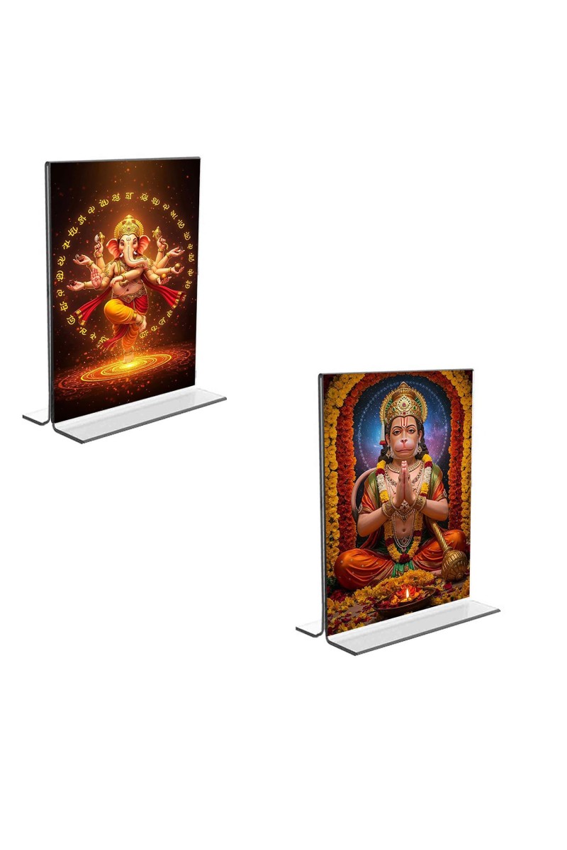 Car Desk/Table Top Lord Ganesh & Sri Hanuman Acrylic T-Style Photo Stand - 2.5x3.5 Inches, Compact and Stylish Spiritual Display, easily change 2 photos (Pack of 1)