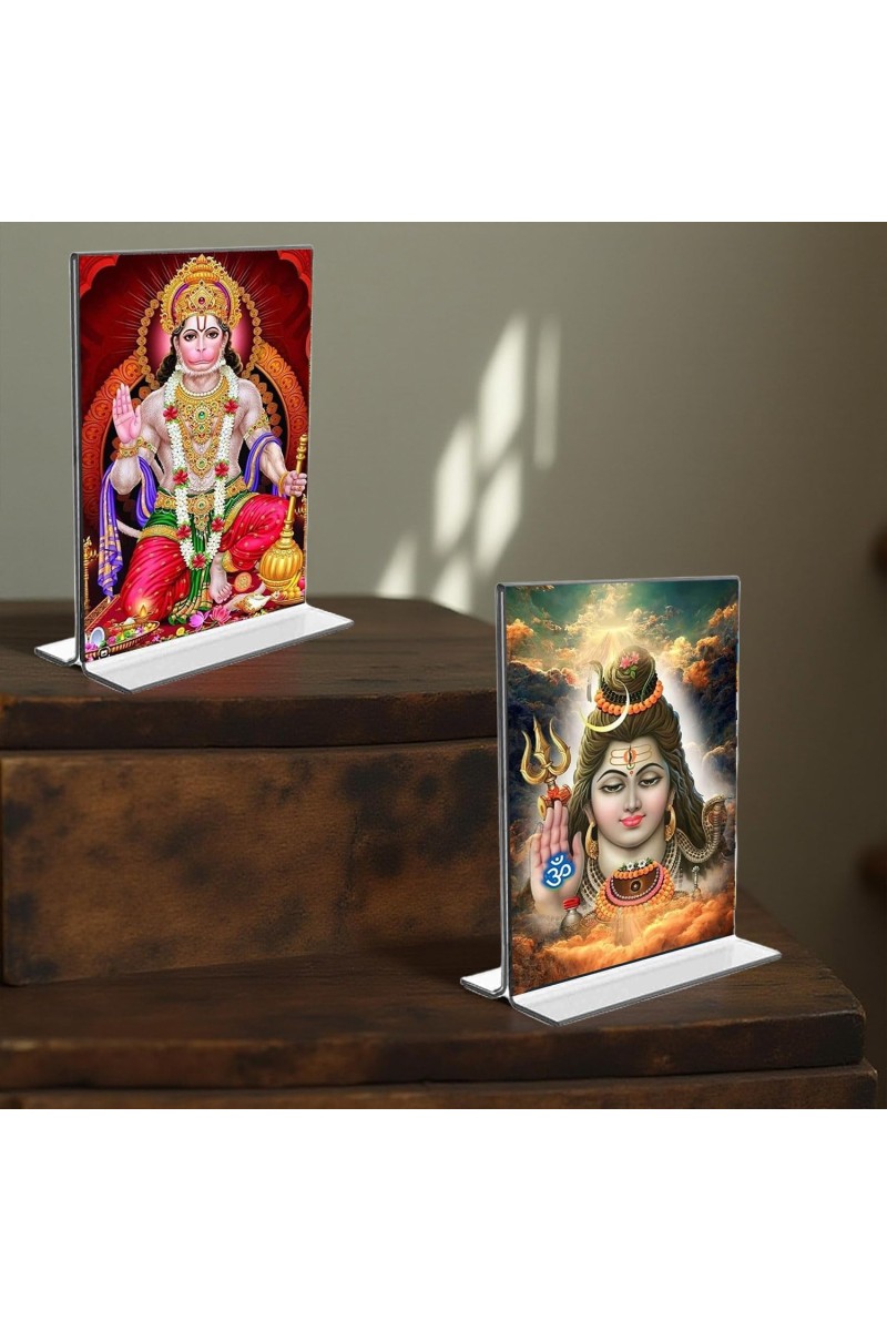 Lord Shiva & Sri Hanuman Acrylic T-Style Photo Stand - 7x9 Inches, Compact and Stylish Spiritual Display, easily change 2 photos (Pack of 1)