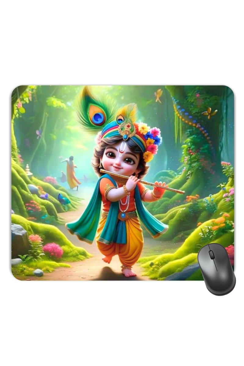 Customized Cute Little Krishna Picture Sublimation Mouse Pad | 8 X 7.5 Inch | Smooth Cloth Surface | Non-Slip Rubber Base | Personalized Mousepad for Laptop & Desktop (F17002)
