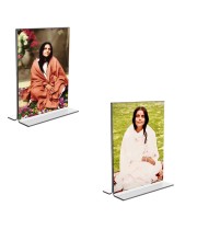 Car Desk/Table Top Anandamayee Maa Acrylic T-Style Photo Stand - 2.5x3.5 Inches, Compact and Stylish Spiritual Display, easily change 2 photos (Pack of 1)