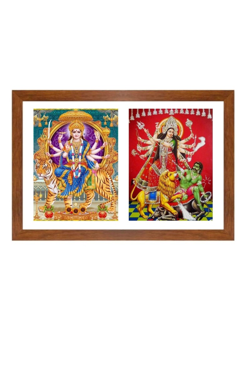 Maa durga and Goddess Kali Killing Bhairwa with His Liona killing Han Photo Frame - 13x17Inches - Spiritual Artwork for Home Decor, Puja Room and Office Decoration