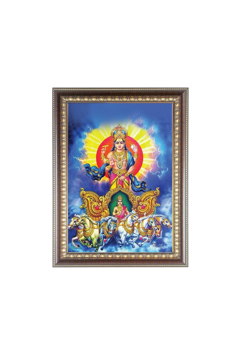 Lord Surya Dev Photo Frame - 18x22 Inches, Brown Wooden Frame for Home, Office & Temple Decoration