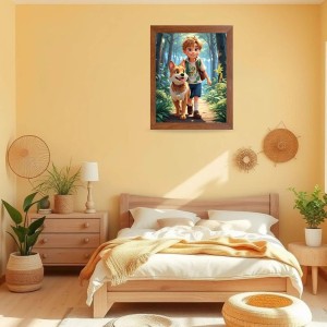 AI Funny Boy With Cute Dog Art Picture for Kids - 18x22 inches, Brown Color - Perfect Wall Decor for Children's Room