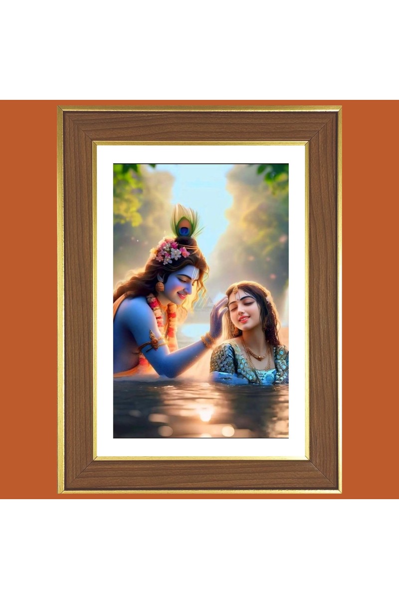 Radha Krishna Photo Frame - 10x14 Inches, Brown Wooden Frame for Home, Office & Temple Decoration