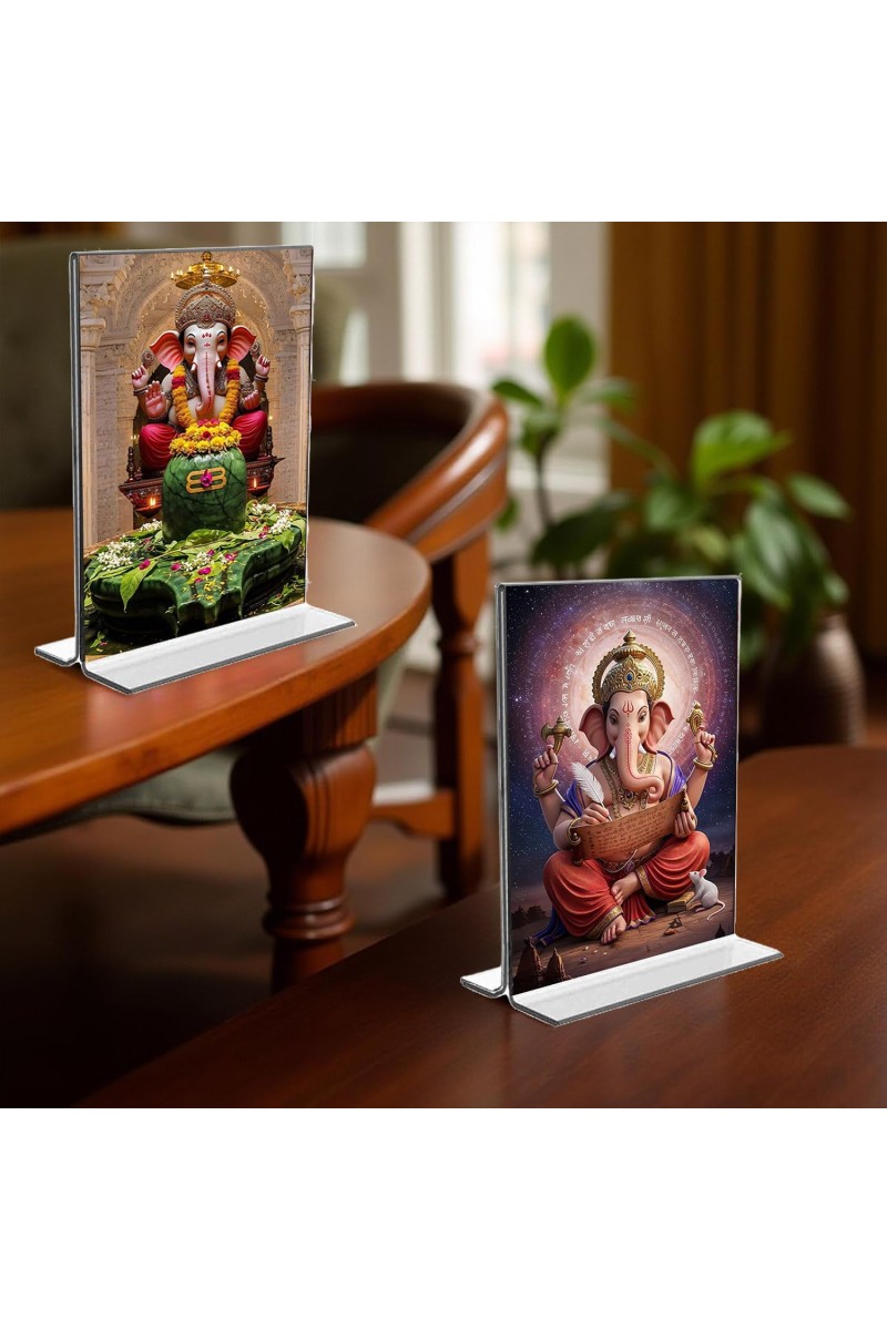 Sri Ganesh Acrylic T-Style Photo Stand - 5x7 Inches, Compact and Stylish Spiritual Display, easily change 2 photos (Pack of 1)