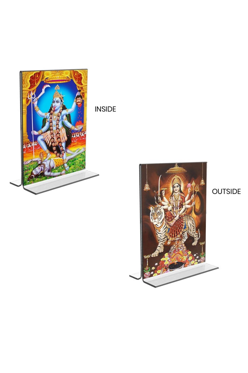 Car Desk/Table Top Maa Kali & Maa Durga Acrylic T-Style Photo Stand - 2.5x3.5 Inches, Compact and Stylish Spiritual Display, easily change 2 photos (Pack of 1)