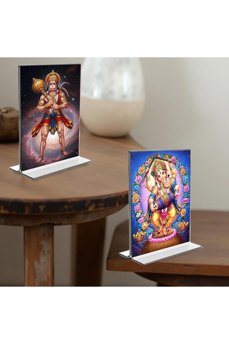 Sri Hanuman & Lord Ganesh Acrylic T-Style Photo Stand, Compact and Stylish Spiritual Display, easily change 2 photos (Pack of 1)