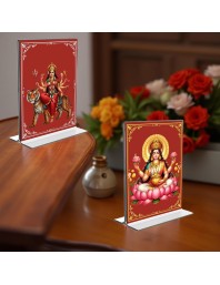 Debi Lakshmi & Debi Durga Acrylic T-Style Photo Stand, Compact and Stylish Spiritual Display, easily change 2 photos (Pack of 1)