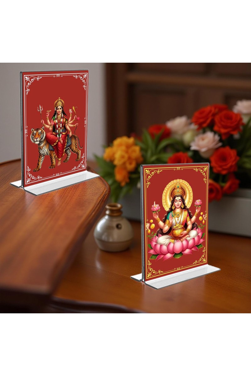 Debi Lakshmi & Debi Durga Acrylic T-Style Photo Stand - 5x7 Inches, Compact and Stylish Spiritual Display, easily change 2 photos (Pack of 1)