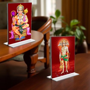 Sri Hanuman & Panchmukhi Hanuman Acrylic T-Style Photo Stand, Compact and Stylish Spiritual Display, easily change 2 photos (Pack of 1)