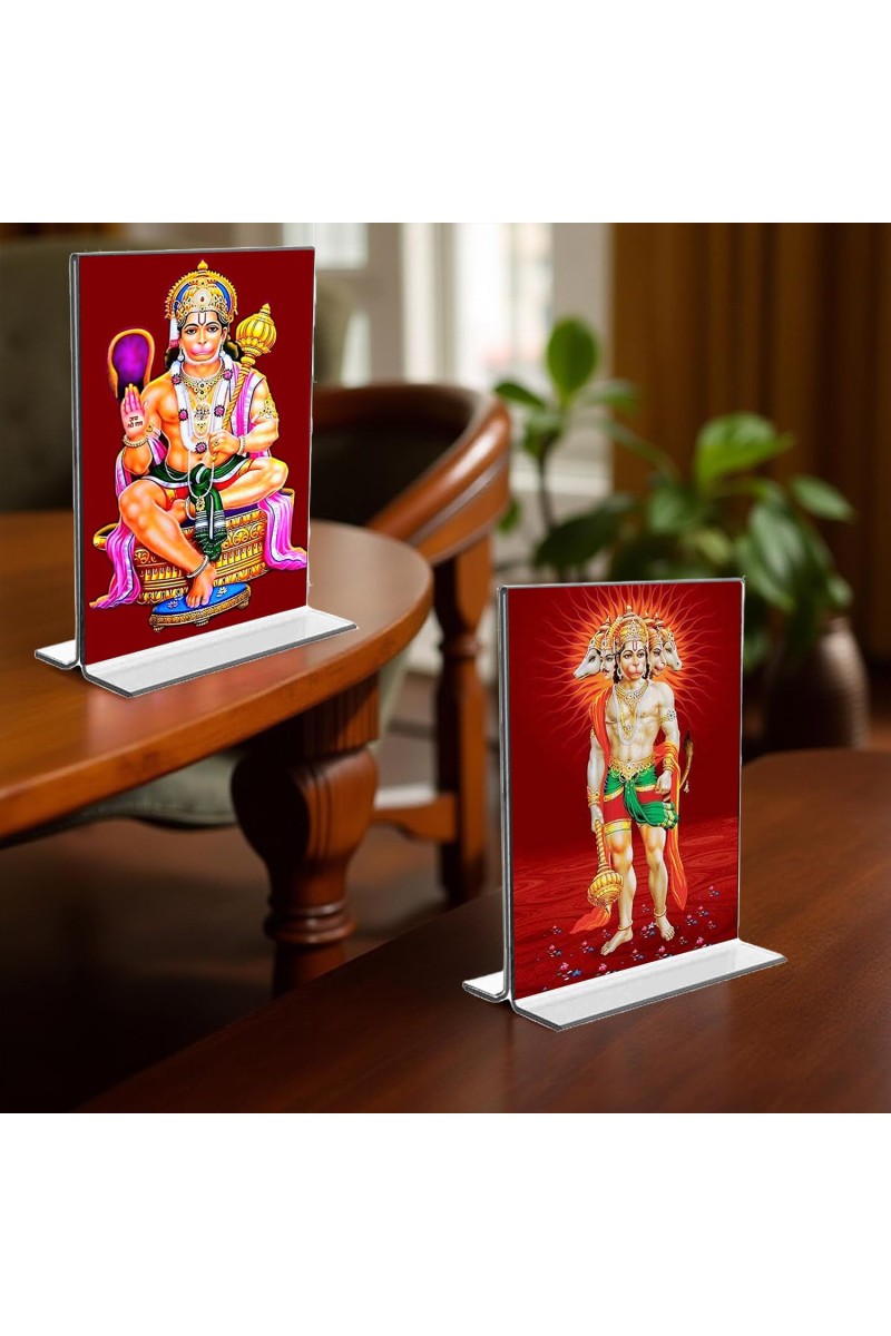 Sri Hanuman & Panchmukhi Hanuman Acrylic T-Style Photo Stand, Compact and Stylish Spiritual Display, easily change 2 photos (Pack of 1)