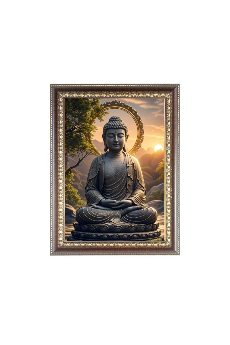 Lord Buddha Photo Frame - 10x14 Inches, Brown Wooden Frame for Home, Office & Temple Decoration