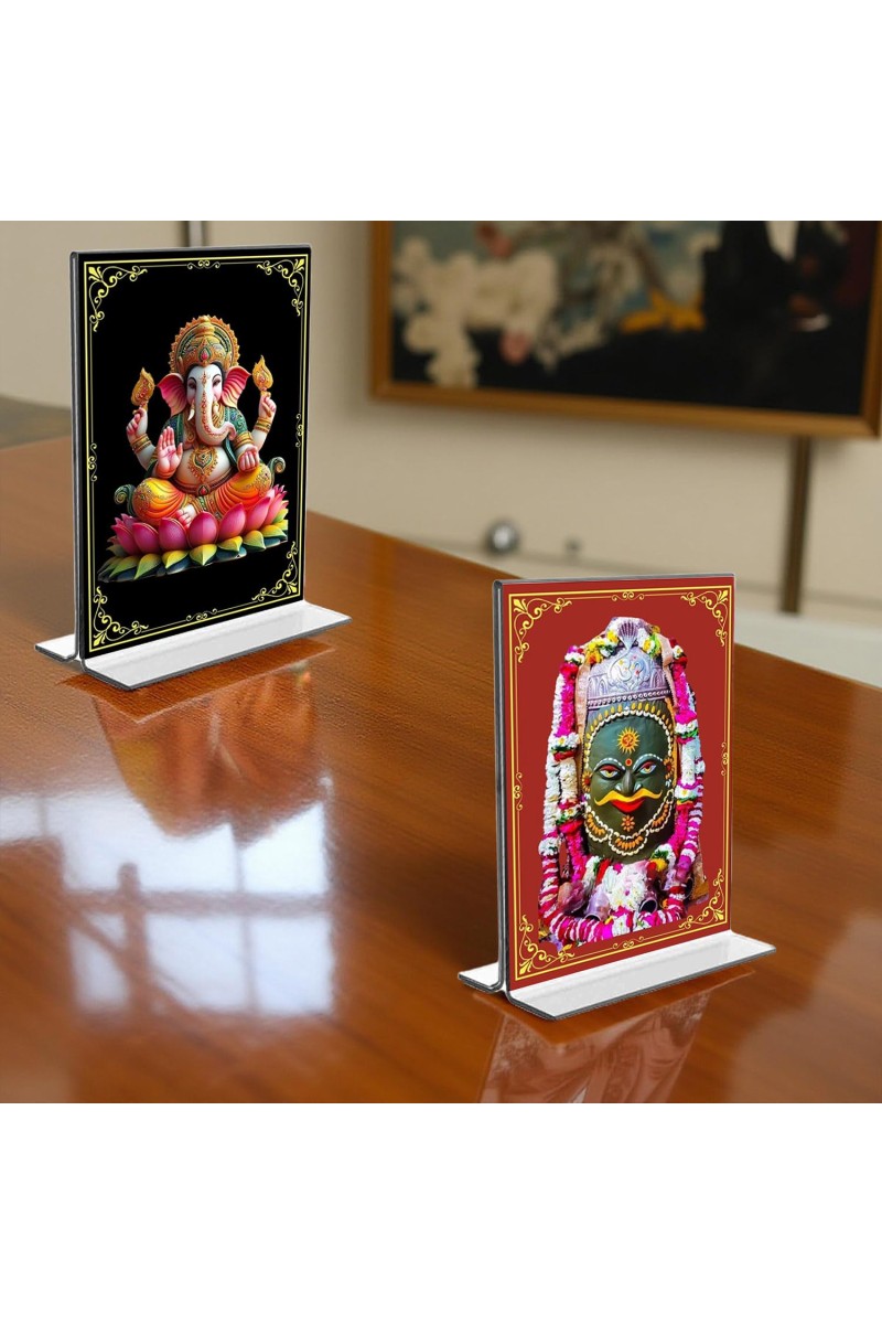 Sri Ganesh & Lord Shiva Lingam Acrylic T-Style Photo Stand, Compact and Stylish Spiritual Display, easily change 2 photos (Pack of 1)