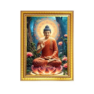 Lord Buddha Photo Frame - 10x14 Inches, Brown Wooden Frame for Home, Office & Temple Decoration