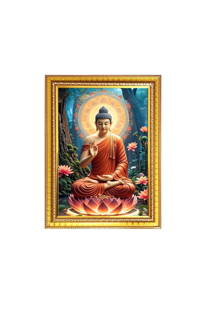 Lord Buddha Photo Frame - 10x14 Inches, Brown Wooden Frame for Home, Office & Temple Decoration