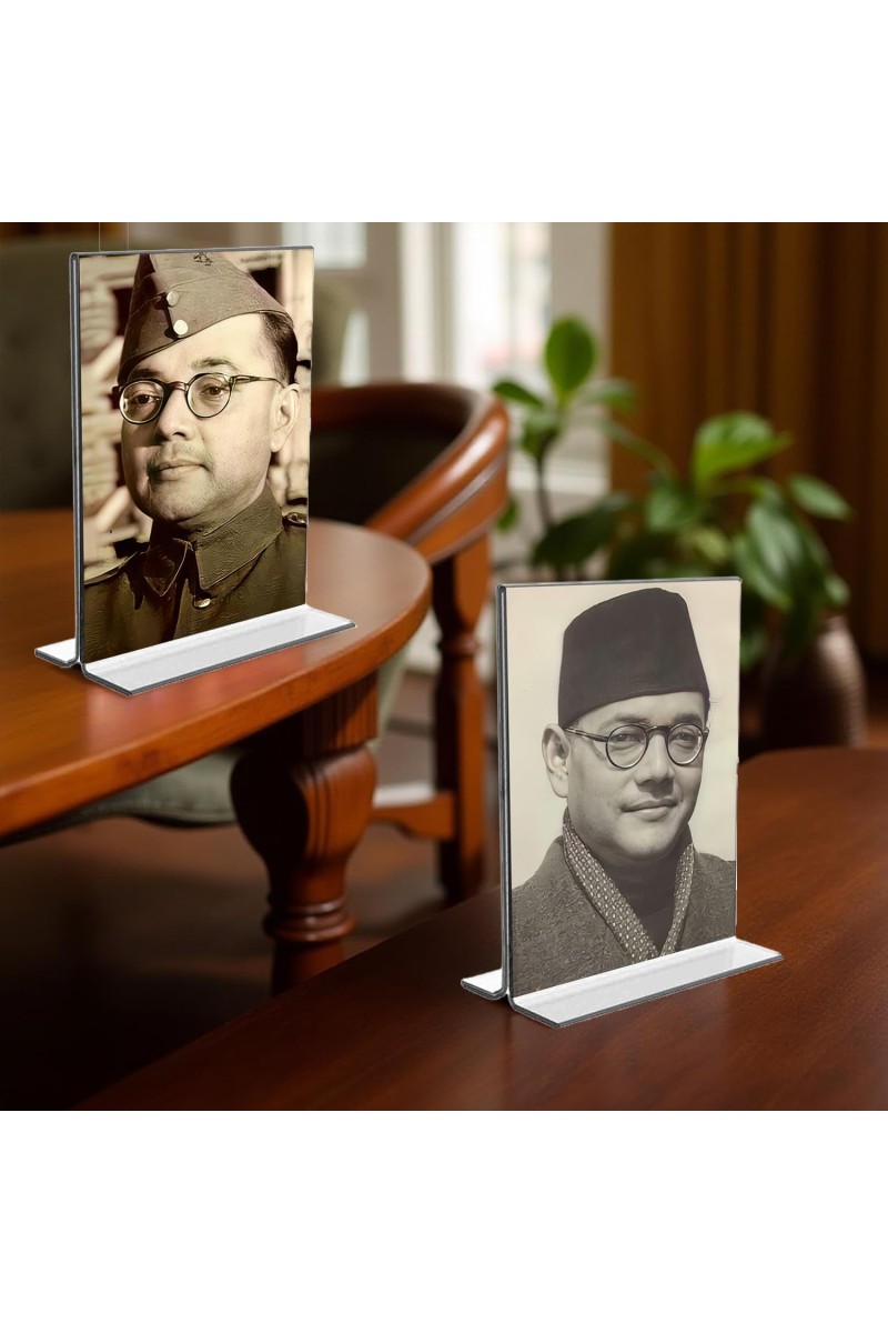 Netaji Subhas Chandra Bose Acrylic T-Style Photo Stand, Compact and Stylish Spiritual Display, easily change 2 photos (Pack of 1)