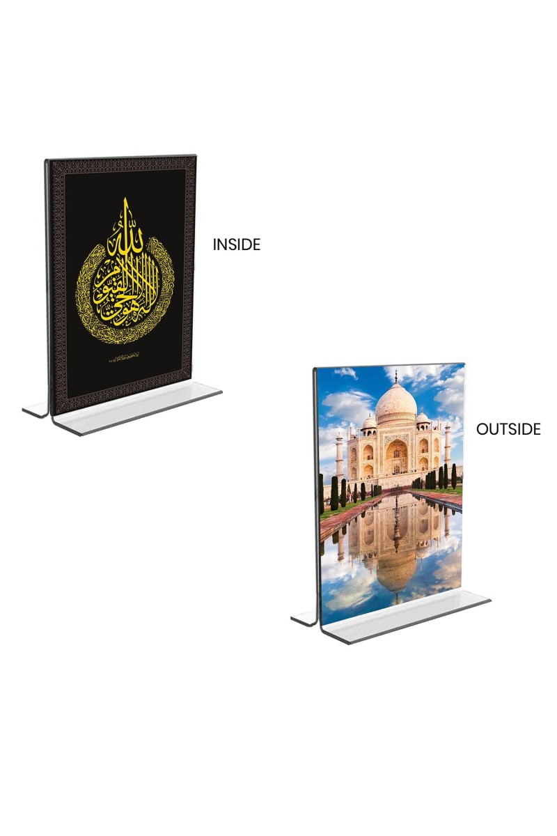 Car Desk/Table Top Islamic Allah & Taj Mahal Acrylic T-Style Photo Stand - 2.5x3.5 Inches, Compact and Stylish Spiritual Display, easily change 2 photos (Pack of 1)