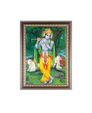 Lord Sri Krishna playing Flute Photo Frame - 10x14 Inches, Brown Wooden Frame for Home, Office & Temple Decoration