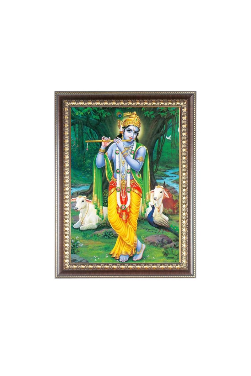 Lord Sri Krishna playing Flute Photo Frame - 10x14 Inches, Brown Wooden Frame for Home, Office & Temple Decoration