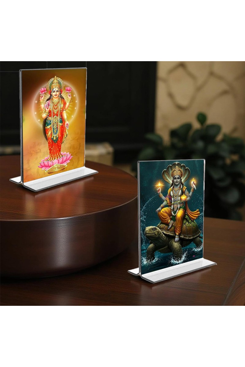 Lord Vishnu & Baba Lakhsmi Acrylic T-Style Photo Stand, Compact and Stylish Spiritual Display, easily change 2 photos (Pack of 1)