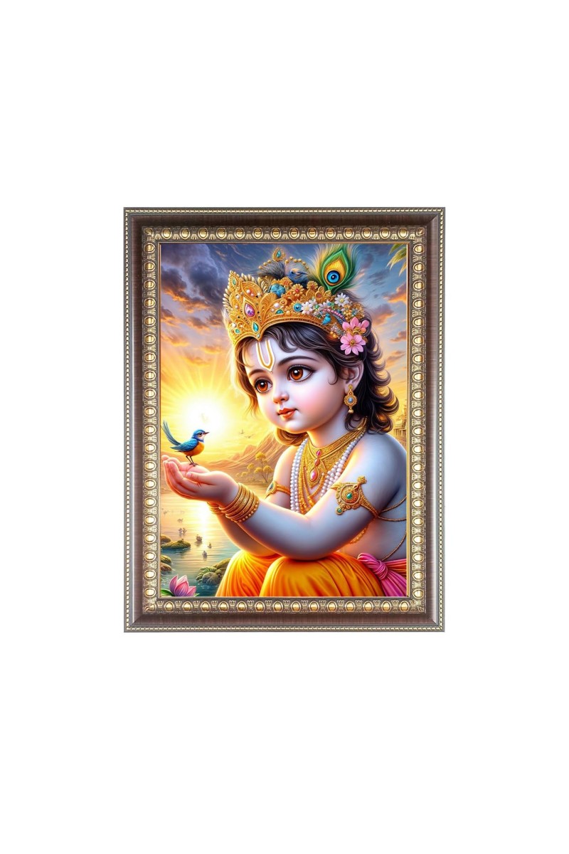 Bal Krishna (Baby) Photo Frame - 16x20 Inches, Brown Wooden Frame for Home, Office & Temple Decoration