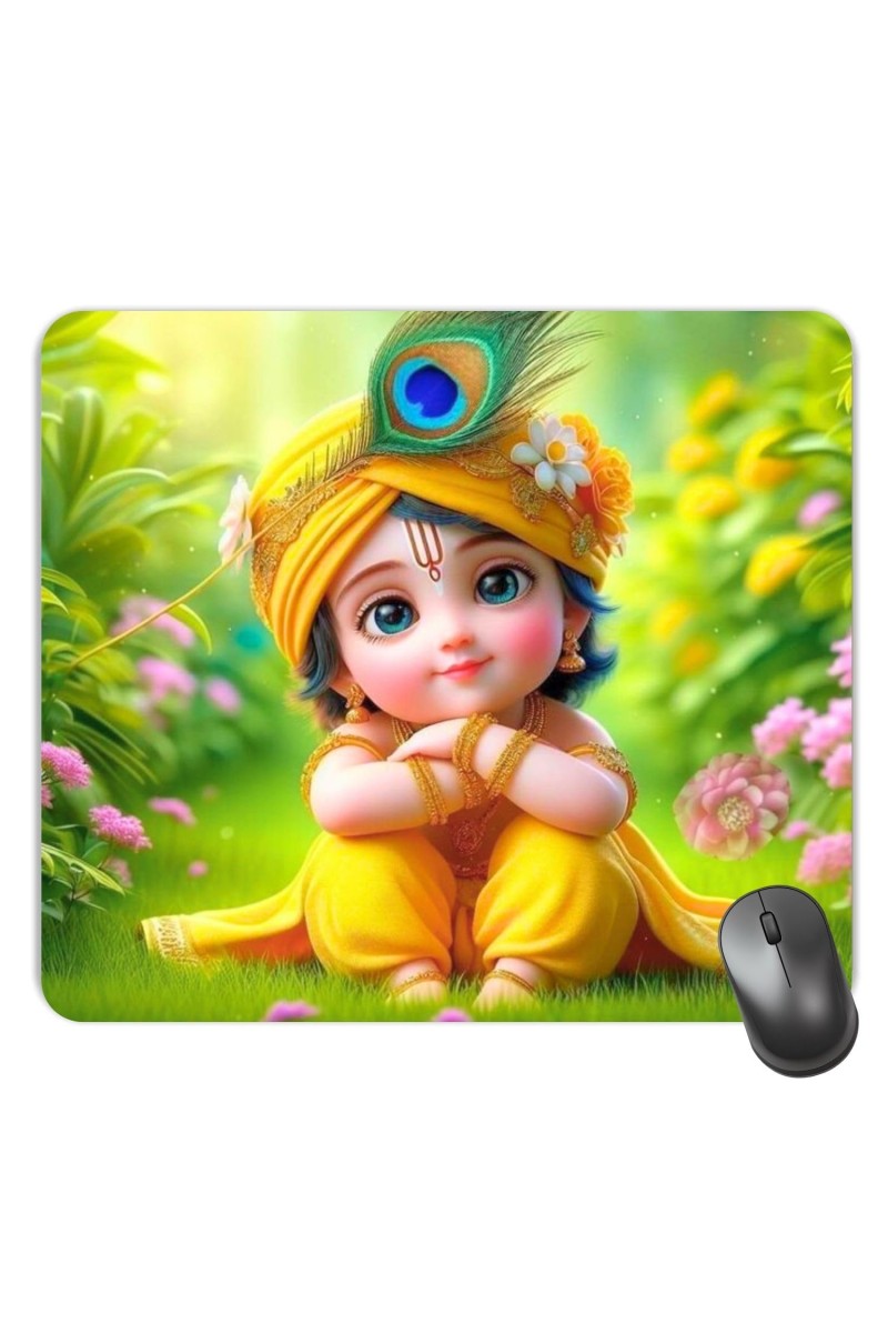 Customized Cute Little Krishna Picture Sublimation Mouse Pad | 8 X 7.5 Inch | Smooth Cloth Surface | Non-Slip Rubber Base | Personalized Mousepad for Laptop & Desktop (F17001)